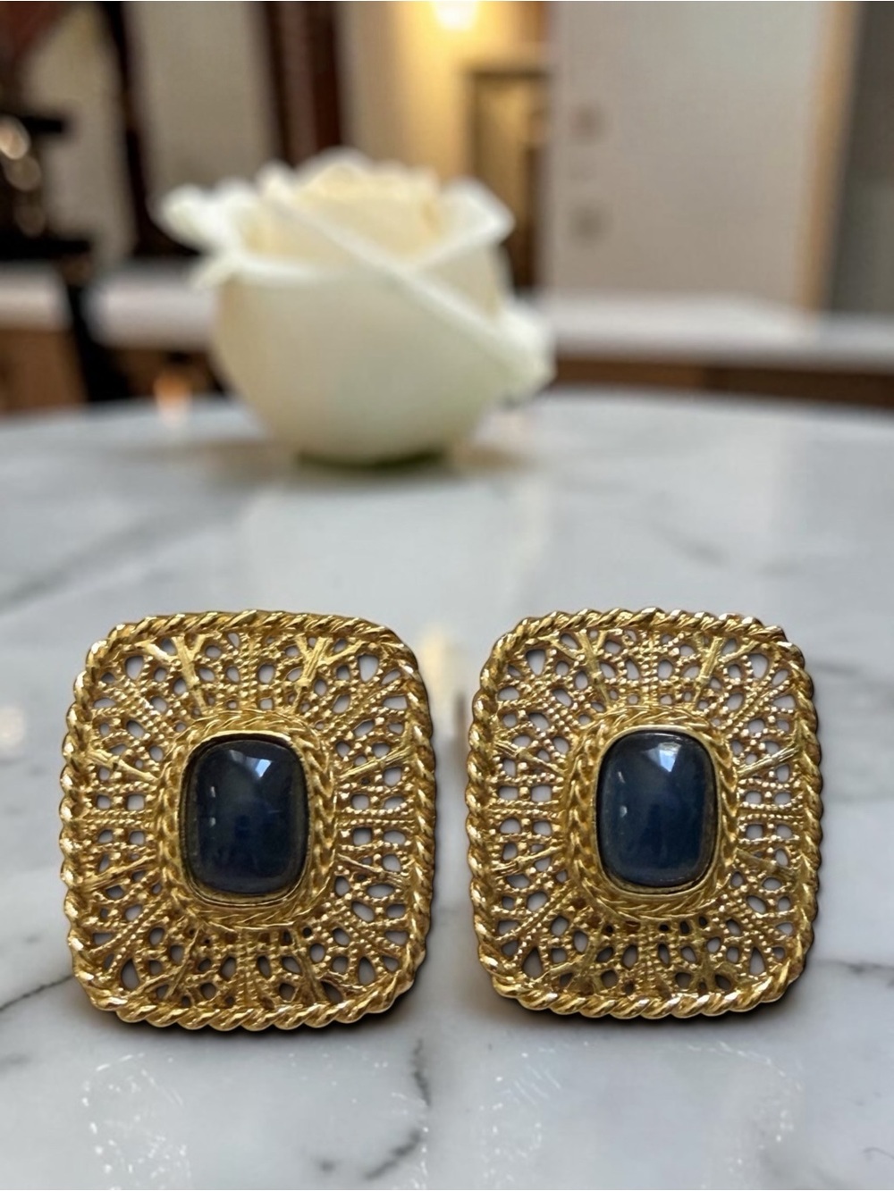 Givenchy New York Vintage Gold-Plated Filigree Blue Cabochon Clip-On Earrings